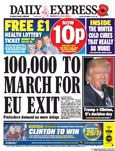 Daily Express Newspaper Front Page (UK) for 8 November 2016