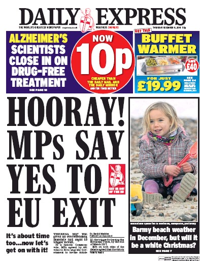 Daily Express Newspaper Front Page (UK) for 8 December 2016