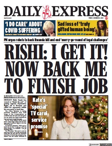 Daily Express Newspaper Front Page (UK) for 8 December 2023