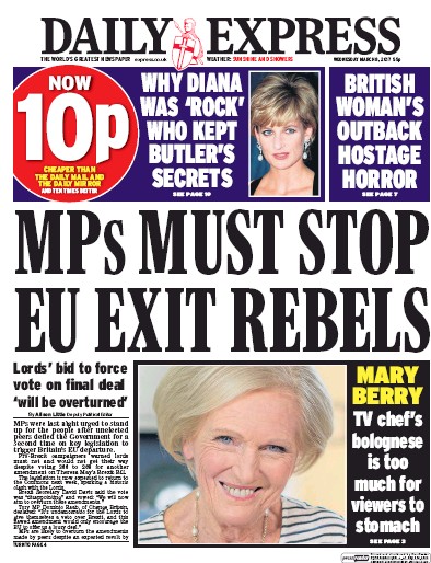 Daily Express Newspaper Front Page (UK) for 8 March 2017
