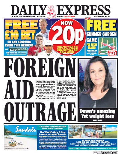 Daily Express Newspaper Front Page (UK) for 8 July 2017