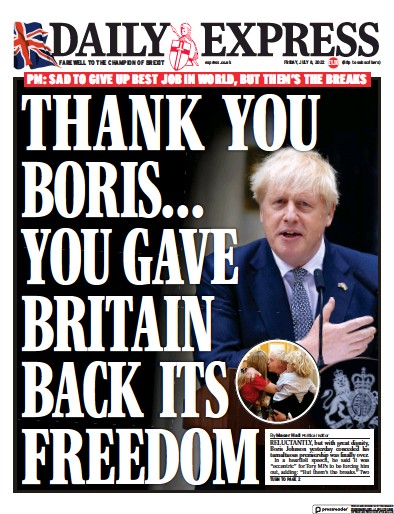 Daily Express Newspaper Front Page (UK) for 8 July 2022
