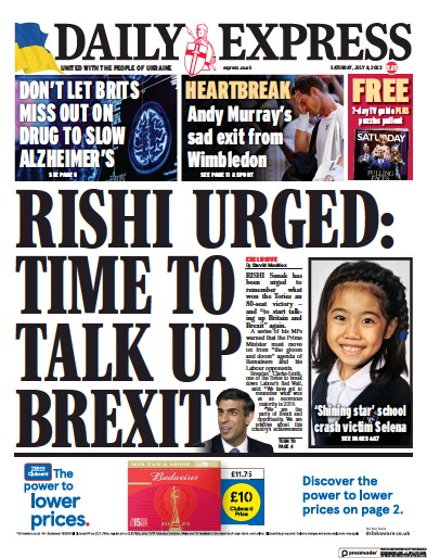 Daily Express Newspaper Front Page (UK) for 8 July 2023