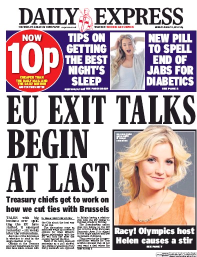 Daily Express Newspaper Front Page (UK) for 8 August 2016