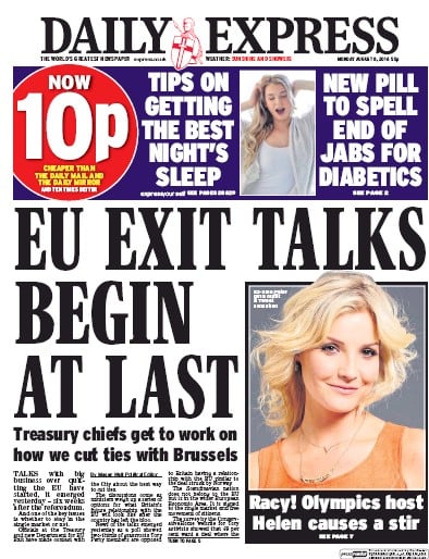 Daily Express Newspaper Front Page (UK) for 8 August 2016