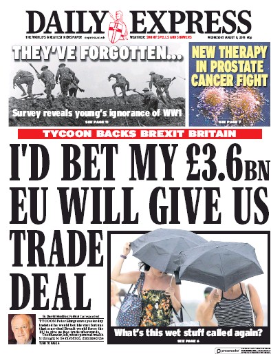 Daily Express Newspaper Front Page (UK) for 8 August 2018