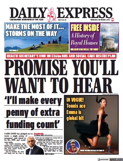 Daily Express Newspaper Front Page (UK) for 8 September 2021