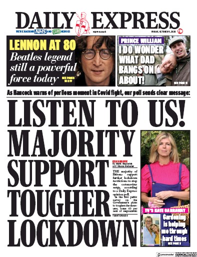 Daily Express Newspaper Front Page (UK) for 9 October 2020