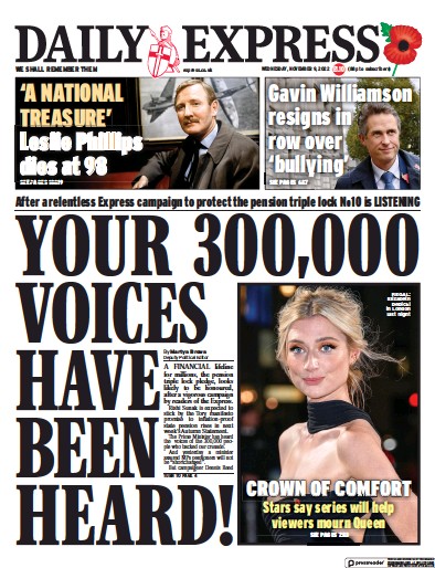 Daily Express Newspaper Front Page (UK) for 9 November 2022