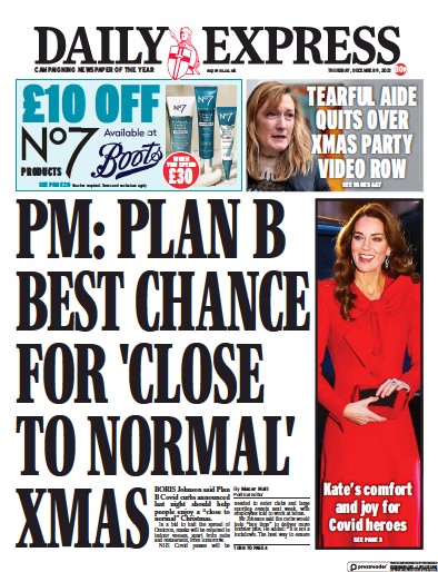 Daily Express Newspaper Front Page (UK) for 9 December 2021