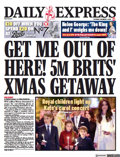 Daily Express Newspaper Front Page (UK) for 9 December 2023