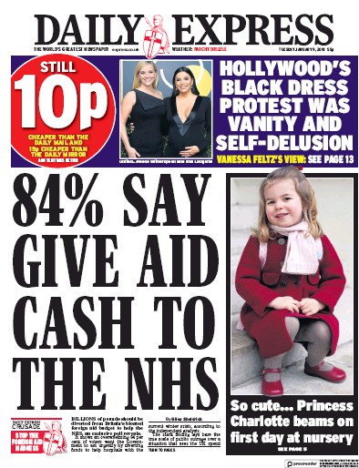 Daily Express Newspaper Front Page (UK) for 9 January 2018