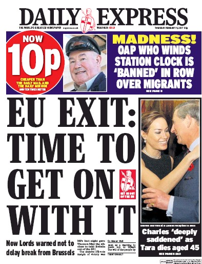 Daily Express Newspaper Front Page (UK) for 9 February 2017