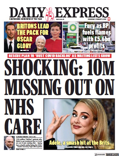 Daily Express Newspaper Front Page (UK) for 9 February 2022