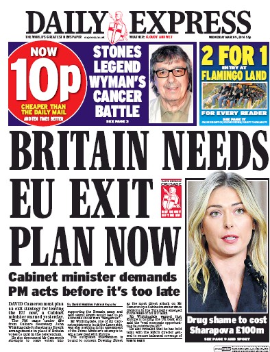 Daily Express Newspaper Front Page (UK) for 9 March 2016