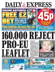 Daily Express (UK) Newspaper Front Page for 9 April 2016