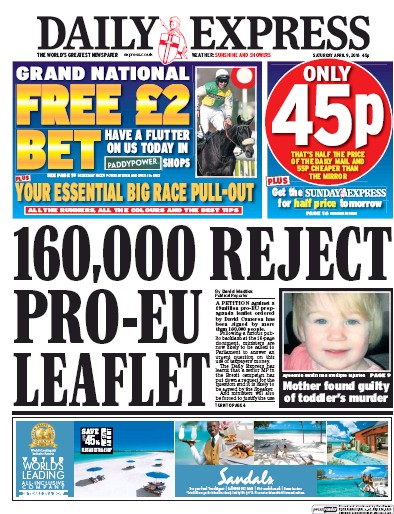Daily Express Newspaper Front Page (UK) for 9 April 2016