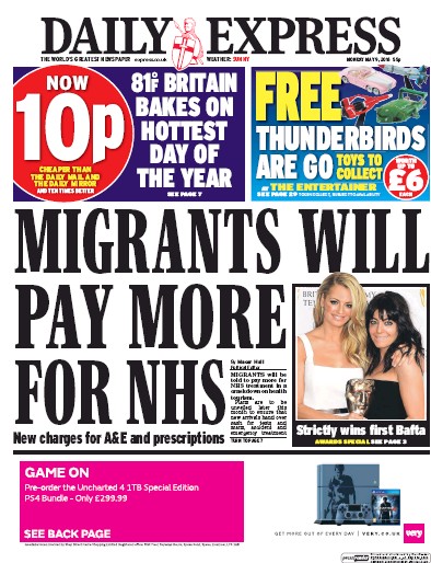 Daily Express Newspaper Front Page (UK) for 9 May 2016