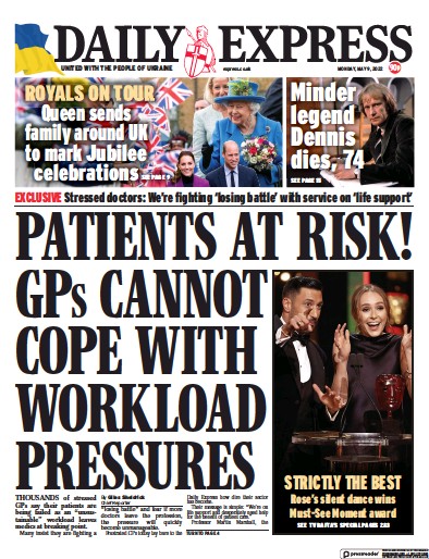 Daily Express Newspaper Front Page (UK) for 9 May 2022