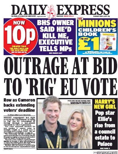 Daily Express Newspaper Front Page (UK) for 9 June 2016