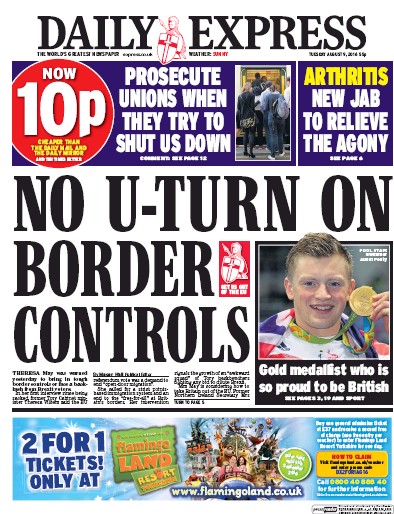 Daily Express Newspaper Front Page (UK) for 9 August 2016