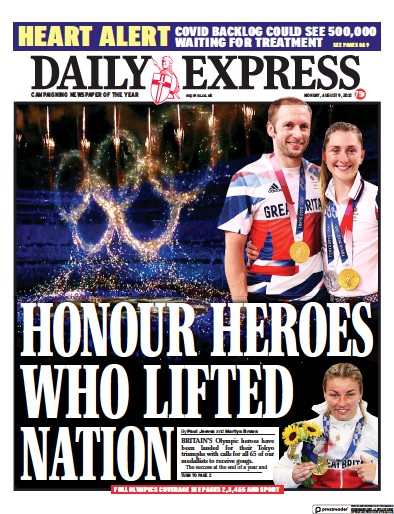 Daily Express Newspaper Front Page (UK) for 9 August 2021