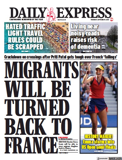 Daily Express Newspaper Front Page (UK) for 9 September 2021