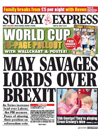 Daily Express Sunday Newspaper Front Page (UK) for 10 June 2018