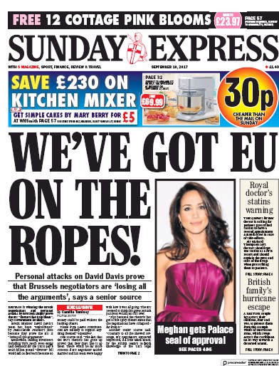 Daily Express Sunday Newspaper Front Page (UK) for 10 September 2017
