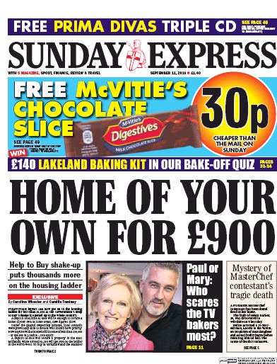 Daily Express Sunday Newspaper Front Page (UK) for 11 September 2016