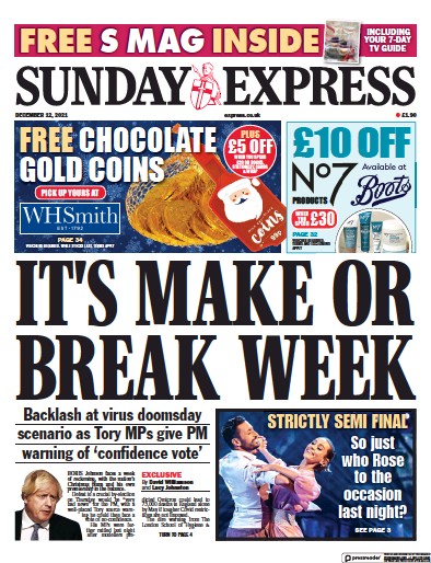Daily Express Sunday Newspaper Front Page (UK) for 12 December 2021