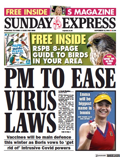 Daily Express Sunday Newspaper Front Page (UK) for 12 September 2021