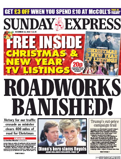 Daily Express Sunday Newspaper Front Page (UK) for 13 December 2015