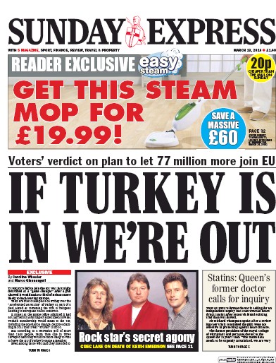 Daily Express Sunday Newspaper Front Page (UK) for 13 March 2016