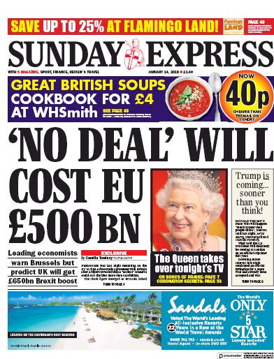 Daily Express Sunday Newspaper Front Page (UK) for 14 January 2018
