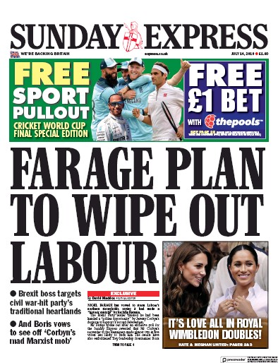 Daily Express Sunday Newspaper Front Page (UK) for 14 July 2019