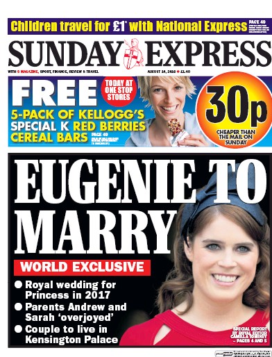 Daily Express Sunday Newspaper Front Page (UK) for 14 August 2016