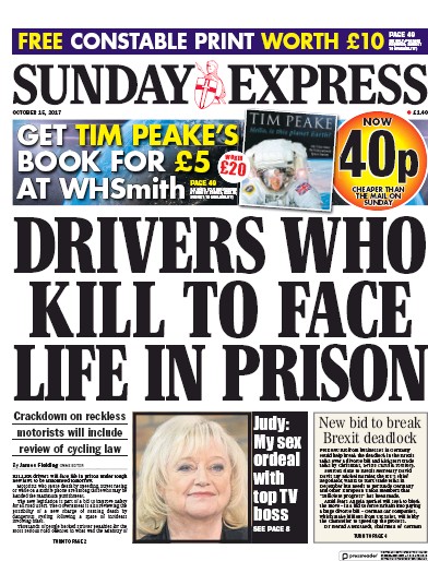 Daily Express Sunday Newspaper Front Page (UK) for 15 October 2017