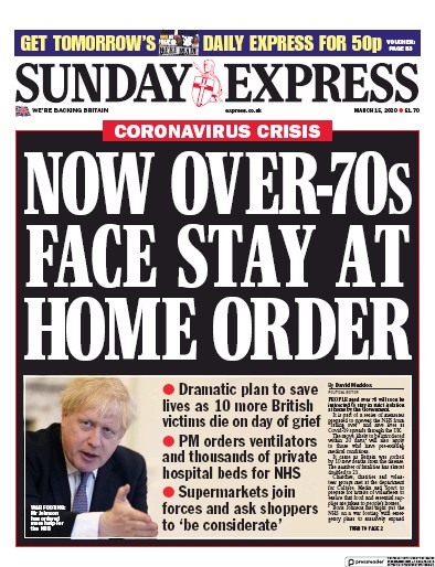 Daily Express Sunday Newspaper Front Page (UK) for 15 March 2020