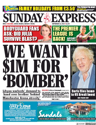 Daily Express Sunday Newspaper Front Page (UK) for 16 September 2018