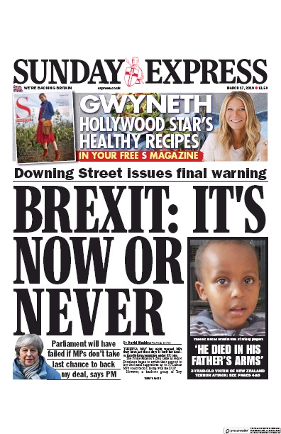Daily Express Sunday Newspaper Front Page (UK) for 17 March 2019