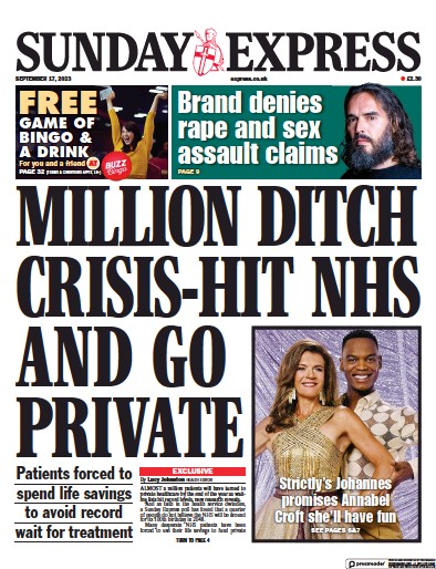 Daily Express Sunday Newspaper Front Page (UK) for 17 September 2023