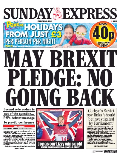 Daily Express Sunday Newspaper Front Page (UK) for 18 February 2018
