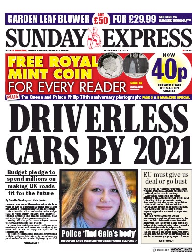 Daily Express Sunday Newspaper Front Page (UK) for 19 November 2017