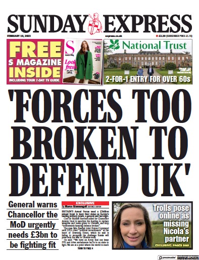Daily Express Sunday Newspaper Front Page (UK) for 19 February 2023