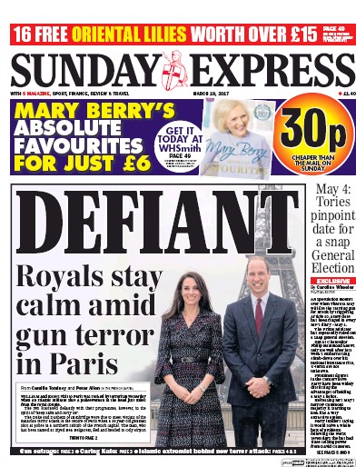 Daily Express Sunday Newspaper Front Page (UK) for 19 March 2017