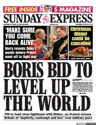 Daily Express Sunday Newspaper Front Page (UK) for 19 September 2021