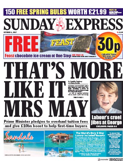 Daily Express Sunday Newspaper Front Page (UK) for 1 October 2017