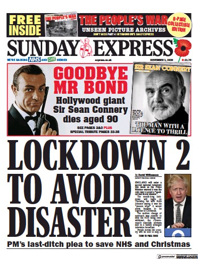 Daily Express Sunday Newspaper Front Page (UK) for 1 November 2020