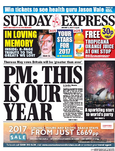 Daily Express Sunday Newspaper Front Page (UK) for 1 January 2017